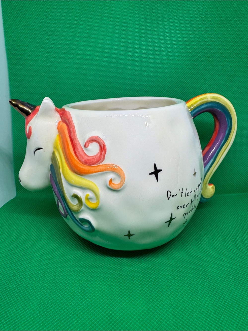 NATURAL LIFE Cream White Unicorn Mug with Rainbow Mane, Handle Gold Horn Sparkle